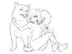  ;d animal_ears bangs breasts dog dog_ears dog_girl dog_tail eyebrows_visible_through_hair greyscale hand_up kneehighs lineart monochrome nipples nude one_eye_closed open_mouth original parted_bangs short_hair simple_background sitting sketch small_breasts smile solo tadano_akira tail thighs wavy_hair 