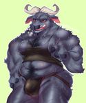 achakura anthro bovine buffalo bulge cape_buffalo chief_bogo clothing disney hi_res horn jockstrap looking_at_viewer male mammal muscular nipples open_mouth overweight solo sweat tight_clothing underwear zootopia 