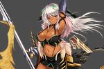  1girl armpit baal_(kamihime) breasts cleavage dark_skin kamihime_project_r large_breasts looking_at_viewer navel red_eyes revealing_clothes weapon white_hair 