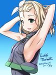 :d armpits arms_behind_head blonde_hair blue_background character_name dated green_eyes hairband kantai_collection luigi_torelli_(kantai_collection) open_mouth short_hair simple_background smile solo swimsuit tatsumi_ray twitter_username upper_body white_hairband 