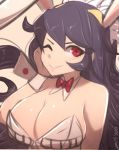  1girl animal_ears artist_name black_hair bow bowtie breasts bunny_ears bunnysuit cleavage detached_collar filia_(skullgirls) highres large_breasts long_hair looking_at_viewer omiza_somi one_eye_closed red_eyes samson_(skullgirls) skullgirls smile upper_body wrist_cuffs 