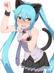  abmayo animal_ears aqua_eyes aqua_hair arm_up bangs bare_shoulders black_legwear black_skirt blush breasts cat_ears cat_tail collared_shirt commentary_request embarrassed eyebrows_visible_through_hair fake_animal_ears fang hair_between_eyes hatsune_miku highres leaning_forward long_hair looking_at_viewer medium_breasts necktie no_detached_sleeves open_mouth pleated_skirt shirt simple_background skirt sleeveless sleeveless_shirt solo standing tail thighhighs twintails very_long_hair vocaloid white_background wristband 