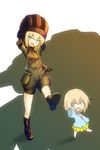  blonde_hair blue_eyes blue_shirt boots girls_und_panzer helmet highres jinguu_(4839ms) katyusha kindergarten_uniform military military_uniform pravda_military_uniform shirt short_jumpsuit skirt time_paradox uniform yellow_skirt younger 