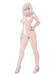  bangs breasts eyebrows_visible_through_hair full_body hand_on_hip high_heels hips long_hair looking_at_viewer medium_breasts monochrome navel nipples original parted_lips pubic_hair sandals simple_background solo standing tadano_akira thighs tsurime wavy_hair 