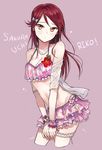  absurdres artist_name bikini bikini_skirt bow bracelet breasts character_name cleavage cropped_legs earrings floral_print flower flower_bracelet frilled_bikini frills hair_bow highres hyugo jewelry long_hair looking_at_viewer love_live! love_live!_sunshine!! medium_breasts navel necklace orange_eyes pearl_bracelet pearl_necklace purple_background red_hair sakurauchi_riko solo swimsuit thighlet wristband 