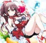  1girl :d bangs bird black_shorts blue_bow blush bow breasts brown_eyes brown_hair cherry cleavage dress drinking_straw earrings eyebrows_visible_through_hair food fruit hair_between_eyes hair_bow hands_up high_heels ice ice_cube idolmaster idolmaster_shiny_colors jewelry kiwi kiwi_slice medium_breasts minigirl morina_nao oosaki_tenka open_mouth polka_dot polka_dot_bow red_bow red_dress red_footwear shirt shoes short_shorts shorts shorts_under_dress sidelocks sleeveless sleeveless_dress sleeveless_shirt smile solo white_shirt wrist_cuffs 