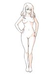 asymmetrical_bangs bangs bare_legs barefoot blush breasts closed_mouth eyebrows_visible_through_hair full_body hands_on_hips long_hair medium_breasts monochrome navel nipples nude original simple_background solo standing tadano_akira thighs wavy_hair 