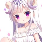  :o bangs bare_shoulders blunt_bangs blush chitosezaka_suzu collarbone commentary_request criss-cross_halter dress eyebrows_visible_through_hair frilled_dress frills hair_ribbon halterneck hand_on_own_knee horns long_hair lowres original parted_lips purple_eyes purple_ribbon ribbon sheep_horns simple_background solo sundress white_background white_dress white_hair 