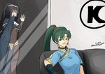  2girl angry background black_hair bodystocking breasts cape dress earrings fire_emblem fire_emblem:_kakusei fire_emblem:_rekka_no_ken fire_emblem_musou gloves green_hair jewelry lyndis_(fire_emblem) nintendo parted_lips ponytail smile tharja tiara twintails 