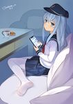  absurdres anchor_symbol armchair artist_name blue_eyes blue_hair blue_hat blue_skirt blush cellphone chair closed_mouth coffee cookie couch cup dated feet food from_side hat heart hibiki_(kantai_collection) highres holding holding_phone kantai_collection long_hair long_sleeves looking_at_viewer looking_to_the_side mug neckerchief no_shoes on_couch pantyhose phone pillow plate red_neckwear school_uniform serafuku shirt sitting skirt smartphone smile soles solo table tsubasa_tsubasa white_legwear white_shirt 