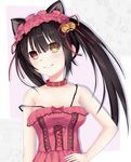  animal_ears bare_shoulders bell black_hair breasts cat_ears clock_eyes collar date_a_live grin hairband hand_on_hip head_tilt heterochromia highres jiuyue_lin lolita_fashion lolita_hairband looking_at_viewer medium_breasts red_eyes smile solo strap_slip symbol-shaped_pupils tokisaki_kurumi twintails yellow_eyes 