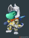  armor clothed clothing digital_media_(artwork) grey_background helmet lockjaw male melee_weapon nintendo pok&eacute;mon pok&eacute;mon_(species) simple_background smile solo totodile video_games vitrex weapon 