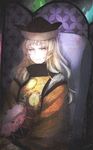  blonde_hair chair couch detached_sleeves drum grin hat highres instrument kuroha_ai light_smile long_hair looking_at_viewer matara_okina signature sitting smile solo tabard touhou wide_sleeves yellow_eyes 
