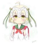  absurdres agung_syaeful_anwar ahoge backpack bag blonde_hair blush bob_cut child closed_mouth commentary_request diadem eyebrows_visible_through_hair fate/apocrypha fate/grand_order fate_(series) green_ribbon green_sailor_collar hair_ribbon highres jeanne_d'arc_(fate)_(all) jeanne_d'arc_alter_santa_lily long_sleeves looking_at_viewer neckerchief randoseru red_neckwear ribbon sailor_collar school_uniform serafuku shirt short_hair signature simple_background solo upper_body white_background white_shirt yellow_eyes younger 