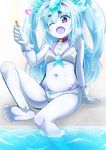  1girl aqua_hair barefoot bikini choker feet gloves hairband long_hair looking_at_viewer one_leg_raised open_mouth pool popsicle red_eyes soles toes twintails wink 