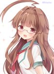  :d ahoge brown_eyes brown_hair glasses glasses_day huge_ahoge kantai_collection kuma_(kantai_collection) long_hair looking_at_viewer masayo_(gin_no_ame) neckerchief open_mouth red-framed_eyewear revision sailor_collar school_uniform serafuku shirt short_sleeves simple_background smile solo sparkle twitter_username white_background 