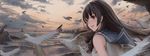  adapted_costume bangs bird black_hair city cloud cloudy_sky commentary_request hair_ribbon hanada_yanochi horizon isokaze_(kantai_collection) kantai_collection lighthouse long_hair looking_at_viewer ocean red_eyes ribbon sailor_collar seagull shipwreck sky sleeveless smile solo upper_body 