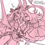  bare_shoulders blush commentary_request curled_horns detached_sleeves elizabeth_bathory_(fate) elizabeth_bathory_(fate)_(all) embarrassed ereshkigal_(fate/grand_order) fate/grand_order fate_(series) holding holding_weapon hollomaru imminent_kiss long_hair multiple_girls open_mouth partially_colored sketch smile surprised translated weapon yuri 