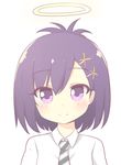  agung_syaeful_anwar bangs blush closed_mouth commentary dot_nose eyebrows_visible_through_hair gabriel_dropout hair_bun hair_ornament hairclip halo irony looking_at_viewer necktie purple_eyes purple_hair shirt short_hair simple_background smile solo tsukinose_vignette_april white_background white_shirt 