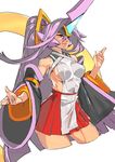  bare_shoulders blazblue blazblue:_central_fiction breasts closed_mouth commentary_request cropped_legs detached_sleeves headgear horn impossible_clothes large_breasts long_hair long_sleeves looking_afar mikado_(blazblue) pleated_skirt ponytail purple_hair red_eyes red_skirt simple_background skirt smile solo tabard unizama very_long_hair white_background wide_sleeves 
