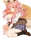  absurdres animal_ears aya_(547972106) black_legwear blush bra breasts cardigan_around_waist cleavage collarbone fate/extella fate/extra fate_(series) fox_ears fox_tail heart highres kneehighs large_breasts loafers long_hair looking_at_viewer pink_bra pink_hair plaid plaid_skirt school_uniform shoes sidelocks simple_background sitting skirt solo tail tamamo_(fate)_(all) tamamo_jk_(fate) twintails underwear undone_bowtie v_arms wariza white_background yellow_eyes 
