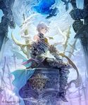  armor bare_shoulders bird breastplate fantasy gauntlets grimnir hakou_(barasensou) looking_at_viewer male_focus official_art parted_lips shingeki_no_bahamut sitting smile solo statue sword weapon white_hair yellow_eyes 