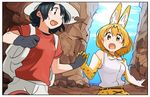  :d :o animal_ears backpack bag bare_shoulders black_eyes black_gloves black_hair blonde_hair blush canyon cliff cloud commentary day elbow_gloves extra_ears gloves hat highres holding_hands interlocked_fingers kaban_(kemono_friends) kasa_list kemono_friends looking_at_another multiple_girls open_mouth outdoors print_gloves print_neckwear red_shirt serval_(kemono_friends) serval_ears serval_print shirt short_hair short_sleeves sky sleeveless smile white_shirt yellow_eyes 