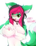  &lt;3 2017 anthro black_hair black_nose blush breasts cecily_lin chest_tuft ear_tuft female fluffy fluffy_tail fur green_eyes green_fur hair happy jewelry kemono mammal necklace nude open_mouth piercing pink_hair saliva smile solo tuft white_fur 