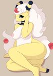  1girl ampharos arm_support ass beige_background breasts full_body furry green_eyes hair_ornament hand_up highres horns large_breasts long_hair looking_to_the_side mega_ampharos mega_pokemon navel nipples no_humans nude personification pinkcappachino pokemon pokemon_(creature) pokemon_gsc simple_background sitting smile solo white_hair 