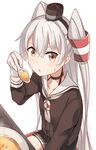 :t amatsukaze_(kantai_collection) black_dress brown_eyes buttons dress eating food gloves hair_between_eyes hair_tubes holding holding_spoon ido_(teketeke) kantai_collection lifebuoy long_hair long_sleeves looking_at_viewer sailor_collar sailor_dress silver_hair simple_background sitting solo spoon two_side_up white_background white_gloves white_sailor_collar windsock 