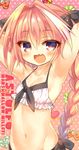  :d armpits arms_behind_head artist_name astolfo_(fate) bikini black_bow blush bow braid character_name fang fate/apocrypha fate/grand_order fate_(series) hair_bow long_hair looking_at_viewer male_focus marshmallow_mille navel open_mouth otoko_no_ko pink_background pink_hair polka_dot polka_dot_background purple_eyes single_braid smile solo swimsuit 