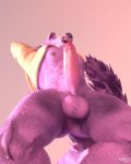  2019 3d_(artwork) anus balls canine clothing demon digital_media_(artwork) erection horn kreic male mammal penis pink_sweater smile solo sweater tongue uncut wolf 