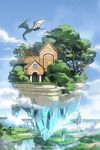  cloud commentary_request crystal day door dragon fantasy floating_island flying fog gate highres house lake miso_katsu no_humans original outdoors river scenery sky stairs valley water waterfall window 