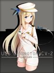  aircraft airplane arnold-s blonde_hair blue_eyes breasts character_name cleavage collarbone eyebrows_visible_through_hair hat highres large_breasts lexington_(zhan_jian_shao_nyu) long_hair looking_at_viewer shorts solo very_long_hair white_hat zhan_jian_shao_nyu 