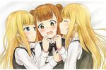  :o ange_(princess_principal) bangs beatrice_(princess_principal) bed blonde_hair blue_eyes blunt_bangs blush brown_eyes brown_hair closed_eyes double_bun eye_contact girl_sandwich hand_on_breast hands_up hug looking_at_another looking_at_viewer lying multiple_girls on_back on_bed open_mouth princess_(princess_principal) princess_principal ringocha_(appleteatea) sandwiched school_uniform smile wavy_mouth yuri 
