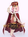  absurdres arnold-s blush cape copyright_name eyebrows_visible_through_hair highres koharu_yoshino looking_at_viewer open_mouth pink_hair red_cape red_eyes sakura_quest short_hair smile solo 