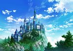  castle cliff cloud cloudy_sky commentary_request day forest highres nature no_humans outdoors sakanamodoki scenery sky tower tree 