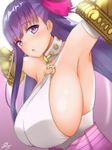  armpits bare_shoulders belt_collar bow breasts elbow_gloves fate/extra fate/extra_ccc fate/grand_order fate_(series) gloves hair_bow highres huge_breasts large_breasts looking_at_viewer o-ring parted_lips passion_lip pink_bow purple_eyes purple_hair ramchi sideboob signature solo white_gloves 