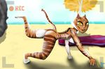  2017 all_fours anthro beach breasts butt cat feline female heptanerox mammal nude open_mouth pussy seaside small_breasts smile stripes tiger water 