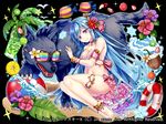  anklet armband ass ball bangle bare_shoulders beachball bikini blue_hair blush bow bracelet breasts choker coconut collarbone drink drinking_straw fantasy fish flower food frilled_skirt frills fruit fruit_cup hair_bow hair_flower hair_ornament hakuda_tofu innertube jewelry kiwifruit leglet lime_slice long_hair looking_at_viewer medium_breasts melon_slice monster_master_x navel official_art petting pineapple_slice pink_bikini pink_skirt purple_eyes skirt smile snowflakes star strawberry striped striped_bow sunglasses swimsuit tropical_fish water wolf wristband 