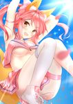  :d animal_ears armpits blue_sky blush bow breasts cloud day fate/grand_order fate_(series) fox_ears fox_tail hair_bow highres legs long_hair looking_at_viewer medium_breasts open_mouth petals pink_bow pink_hair pink_skirt single_thighhigh skirt sky smile solo sunlight tail tamamo_(fate)_(all) tamamo_no_mae_(fate) thighhighs underboob white_legwear yellow_eyes yuuyu 