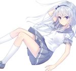  blue_eyes grey_sailor_collar grey_skirt hairband kantai_collection kneehighs long_hair looking_at_viewer pleated_skirt purple_hairband sagiri_(kantai_collection) sailor_collar school_uniform serafuku short_sleeves silver_hair simple_background skirt smile solo transistor white_background white_legwear 