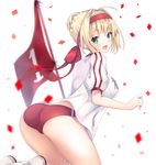  :d ass bad_id bad_pixiv_id blonde_hair buruma confetti fate/grand_order fate_(series) flag from_side green_eyes gym_uniform hair_ribbon kanora looking_at_viewer looking_back name_tag nero_claudius_(fate) nero_claudius_(fate)_(all) olympian_bloomers open_mouth red_buruma ribbon short_hair smile solo sports_festival thighs 