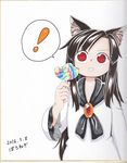 1girl :o animal_ears black_hair black_ribbon child commentary_request dated dress gem holding_lollipop imaizumi_kagerou long_hair long_sleeves looking_at_viewer nail_polish parted_lips photo poronegi red_eyes red_nails ribbon shikishi signature solo speech_bubble spoken_exclamation_mark standing touhou traditional_media very_long_hair white_dress wolf_ears younger 