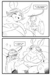  ? anthro arthropod big_breasts black_and_white breasts cleavage clothed clothing dialogue duo english_text epictones eyes_closed female hair huge_breasts insect mammal monochrome mori_(wittyusername) moth one_eye_closed overweight overweight_female red_panda rimi_(wittyusername) smile speech_bubble sweater text 