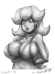  1girl bikini_top breasts cleavage earrings jewelry large_breasts long_hair midriff monochrome navel nintendo princess_peach sh smile solo speeds speedyhimura super_mario_bros. upper_body 