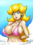  1girl bikini_top blonde_hair blue_eyes breasts cleavage clouds earrings jewelry large_breasts long_hair midriff navel nintendo princess_peach sh smile solo speeds speedyhimura super_mario_bros. upper_body 