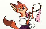  2017 4_fingers action_pose anthro beige_countershading black_nose brown_fur canine cheek_tuft clothed clothing colored_sketch cosplay countershading crossdressing digital_media_(artwork) dipstick_tail disney ear_markings ears_back ears_up esmeralda_(victor_hugo) eyebrows facial_markings fox fur gloves_(marking) green_eyes half-closed_eyes half-length_portrait head_tilt headband holding_musical_instrument holding_object inner_ear_fluff male mammal markings multicolored_fur multicolored_tail musical_instrument nick_wilde orange_fur portrait raised_eyebrow red_fox shirt side_view signature simple_background skirt smile smirk snout solo tambourine tan_fur the_hunchback_of_notre_dame trashasaurusrex tuft two_tone_fur white_background zootopia 