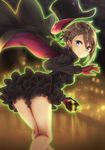  ange_(princess_principal) black_cape black_hat black_ribbon blue_eyes blurry blush braid breasts brown_hair building cape cavorite_ball closed_mouth commentary_request depth_of_field eyebrows_visible_through_hair floating from_behind fur_collar gloves glowing hair_between_eyes hair_ribbon hat highres holding kneepits long_sleeves looking_at_viewer looking_back medium_breasts night outdoors princess_principal ribbon road smile solo toki_(toki_ship8) top_hat 