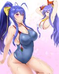  akaokuro_oumu antenna_hair armpits arms_behind_head arms_up backless_outfit bangs bare_shoulders blazblue blazblue:_central_fiction blue_hair blue_swimsuit blush bow breasts cherry_blossoms cleavage competition_swimsuit cowboy_shot dual_persona fingerless_gloves genderswap genderswap_(mtf) gloves hair_between_eyes hair_bow halter_top halterneck highleg highleg_swimsuit highres holding holding_weapon huge_breasts long_hair looking_at_viewer mai_natsume multiple_girls no_bra one-piece_swimsuit petals polearm ponytail purple_eyes red_gloves revealing_clothes ribbon sideboob sidelocks simple_background spear stomach swimsuit very_long_hair water weapon wet yellow_bow 